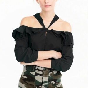 J.CREW Off-the-shoulder Top
Blouse Tie-Neck in Black Classy Boho Chic 
Size 6